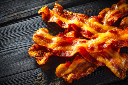 Golden-brown bacon slices glisten atop a rich, dark wooden backdrop, inviting cravings with their...