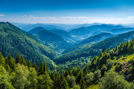 A sweeping panorama showcases vibrant, rolling mountain ridges cloaked in rich greenery beneath a...