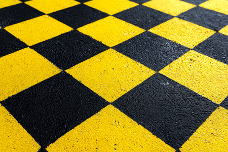 A striking outdoor pavement features a vivid checkerboard pattern of interwoven yellow and black tiles, adding dynamic texture and visual contrast to an urban setting.の写真素材