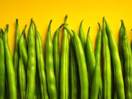A neat cluster of bright green beans laid out against a cheerful yellow backdrop, evoking freshness...