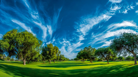 A peaceful park bathed in gentle sunlight, where dense foliage and colorful skies with delicate clouds create a calming, idyllic atmosphere perfect for relaxation.の写真素材