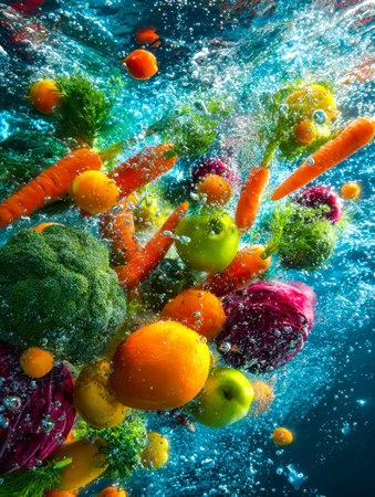 A vivid burst of rainbow-hued vegetables erupts beneath the surface, transforming movement into a captivating tapestry of color and energy in aquatic motion.の写真素材