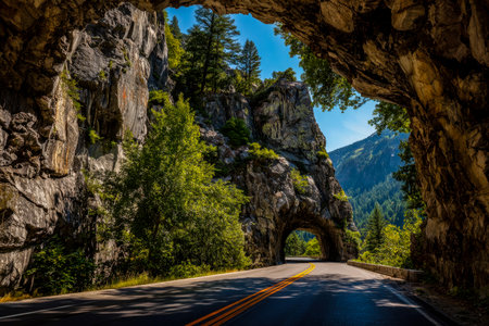 A winding mountain route arches through a rugged stone arch, embraced by vibrant foliage and towering trees, evoking adventure amidst untouched wilderness.の写真素材