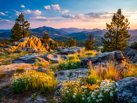 A breathtaking vista features rugged cliffs, blooming wildflowers in bold hues, and dense greenery, all illuminated by a sky painted with vivid, swirling colors.の写真素材