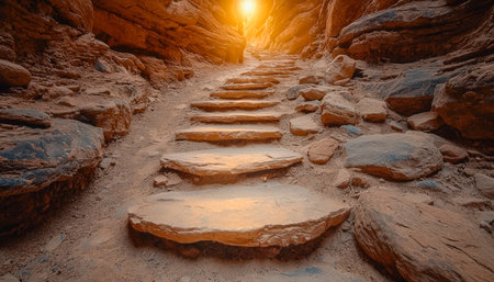 Warm golden rays caress rugged stone steps winding through a quiet canyon, evoking tranquility as dusk shapes the landscape's silent beauty.の写真素材
