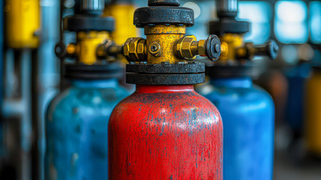 A row of aged metal containers features vibrant, contrasting valve accents, embodying industrial...