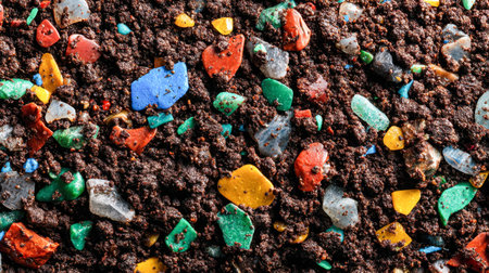 A vivid mosaic of recycled plastic fragments interwoven with earthy, coarse soil, capturing a...