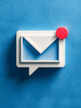 A sleek white envelope symbol featuring a prominent red badge, set against a lively textured blue...