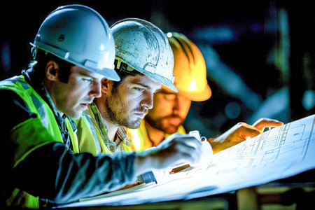 Night falls as a team of laborers studies detailed plans under artificial lighting, their focused...