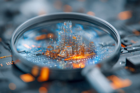 A high-tech urban panorama viewed through a glowing digital lens, emphasizing modern architecture and glowing holographic data streams, reflecting innovation.の写真素材