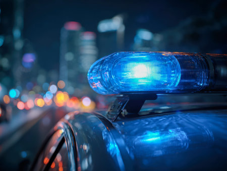 A vivid blue emergency beacon pulses from a patrol car amid a bustling urban nighttime scene, with...