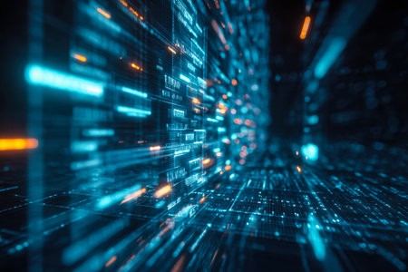 A high-tech visualization featuring vibrant blue and orange luminous lines flowing through a sleek,...