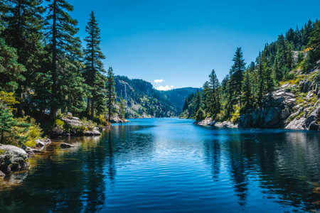 A tranquil alpine scene featuring a reflective waters surface embraced by dense pine groves, all set...