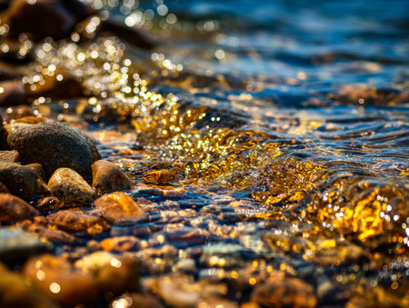 Smooth, glistening stones line the tranquil lakeside, their surfaces catching light while gentle...