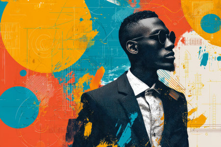 A confident professional in a sharp ensemble and sleek shades stands poised amidst vibrant, swirling...