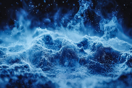 A vivid display of turbulent azure currents, enhanced by gentle mist and frothy bubbles, evoking energy and fluid motion.の写真素材