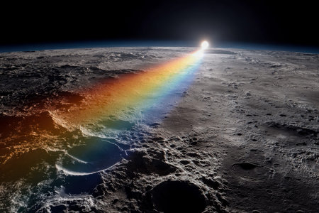 A vibrant arc colors of the barren lunar landscape, with our blue planet shimmering in the vastness...