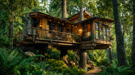 A cozy, handcrafted retreat amid vibrant greenery, featuring a large deck glowing with inviting...