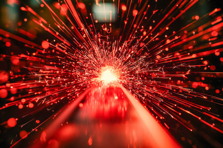 Vibrant crimson explosions light up the night with energetic streaks and shimmering particles,...