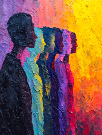 A dynamic array of vivid figures representing different backgrounds, converging in harmony amidst a...