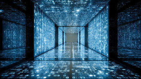 A sleek, high-tech hallway bathed in neon light, where shimmering streams of coded data cascade...