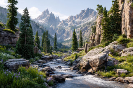 Tranquil waters wind through vibrant greenery, with majestic mountain summits looming in the...