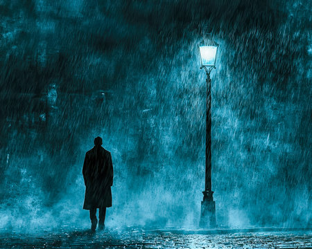 A solitary individual strides along a dimly lit street as raindrops shimmer under a solitary glow,...
