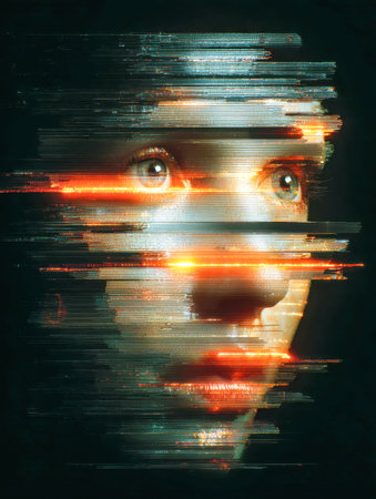 A visionary human visage illuminated by shimmering light fractures and digital distortions,...