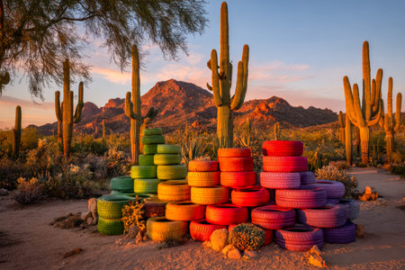 Vibrant tires arranged creatively against a desert setting, with towering cacti and distant...