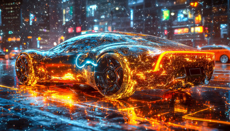 A cutting-edge vehicle gleams under neon reflections, its aerodynamic design slicing through...