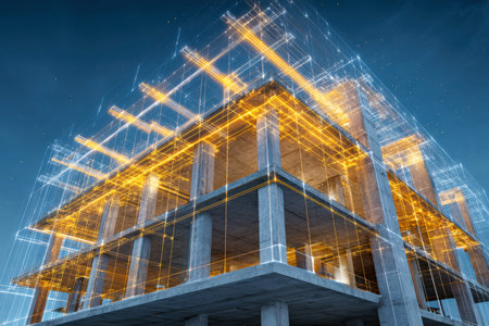 A detailed 3d visualization combining a building's structural blueprint with real-time construction...
