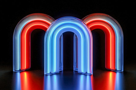 Vibrant neon structures create luminous rainbow-like arcs, contrasting sharply with the shadowy...