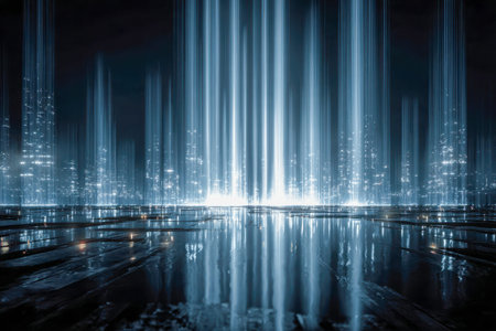 A neon-lit metropolis skyline illuminated by towering light columns, their reflections shimmering on...