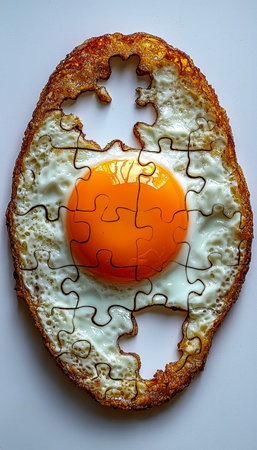 A vibrant, cleverly curated plate features various breakfast ingredients arranged like interlocking...