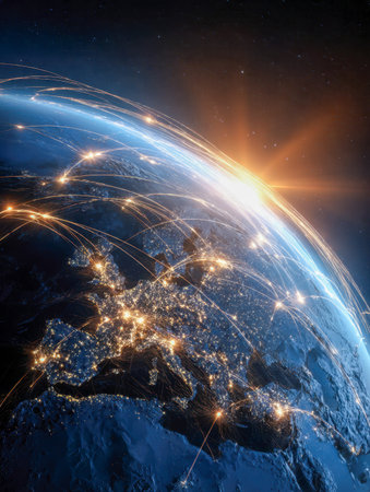Bright digital pathways stretch across Europe's landscape from orbit, illuminated by the dawn's...