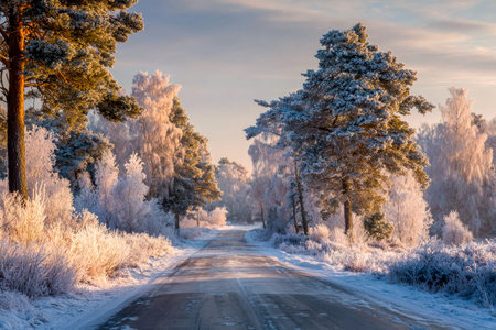 A quiet snow-covered path winds through frost-kissed trees, illuminated by gentle, golden rays...