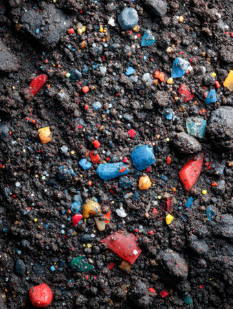 A detailed view of black volcanic soil intertwined with vibrant plastic fragments and tiny...