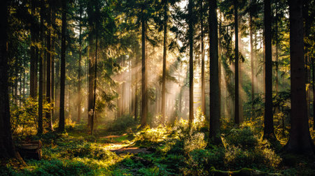 Soft morning rays penetrate dense green foliage, casting shimmering patterns on moss-covered ground,...