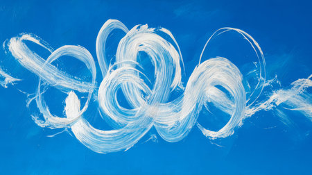 Bold white streaks orchestrate lively movements across a vivid blue canvas, forming energetic...