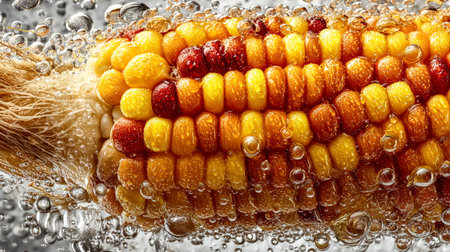 Vibrant kernels of corn float in effervescent water, shimmering with tiny bubbles that create a lively, refreshing scene full of color and movement.の写真素材