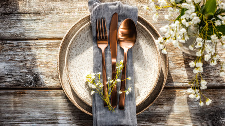 A refined copper utensil collection delicately arranged on weathered wood, complemented by fresh...