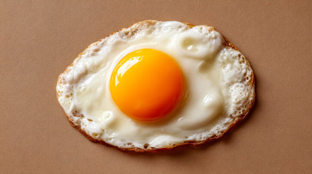 A perfectly cooked egg with a vibrant, golden yolk centered on a smooth, neutral surface, capturing...