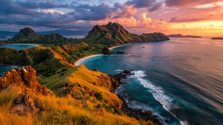 Vibrant sunset bathes rolling green slopes overlooking a shimmering sea, capturing the awe-inspiring beauty of nature's colorful palette along the coast.の写真素材
