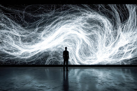 An individual stands captivated by vibrant, intricate light projections illuminating the darkness,...