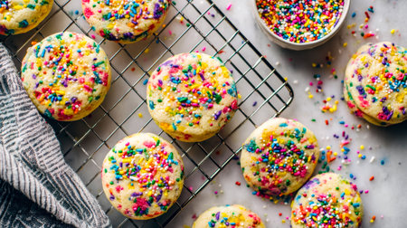 An assortment of vibrant, freshly baked cookies decorated with bright sprinkles rests on a wire...