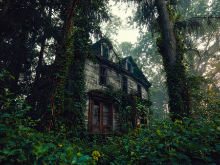A deserted, weathered dwelling concealed amidst lush foliage and tangled vines, evoking mystery and the quiet decay of nature reclaiming human structures.のeditorial素材