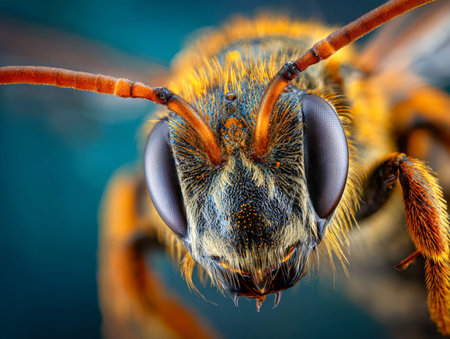 A detailed view capturing a honeybee's head, emphasizing its multifaceted eyes and slender antennae,...