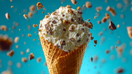 Creamy vanilla blasts with cocoa bits crown a crisp waffle cone, amid drifting chocolate fragments...