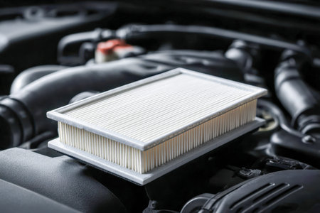 A detailed view of a vehicle?s intake system highlighting a clean, precision-fitted filter element amid surrounding engine parts designed for efficient airflow.の写真素材