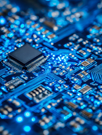 A detailed view highlighting sleek blue-lit elements amid intricate circuitry, conveying high-tech innovation and advanced electronic design.の写真素材